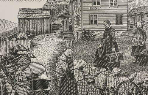 Utsnitt av et gravert frimerke med motiv av et reisefølge fra en gård før i tiden.